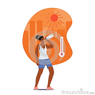 Woman Sweating And Flushed, Drinking Water, Seeking Relief From Heat Exhaustion. Female Character Suffer Heatstroke Vector Illustration