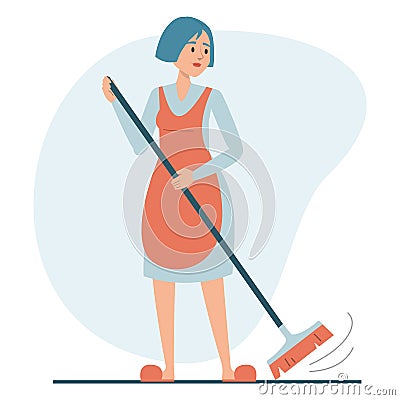 Woman sweeping the floor using broom isolated Vector Illustration