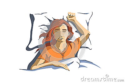 Woman sweetly sleeping on pillow with hand up Vector Illustration