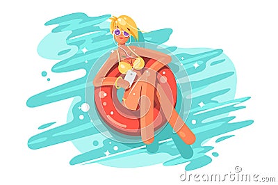 Woman swim on inflatable circle in pool Vector Illustration