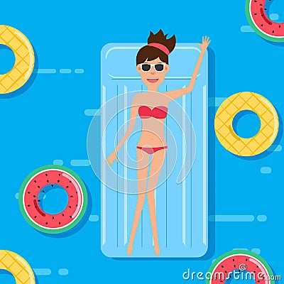 Woman in swim suit lying on floating swimming pool mattress with fruits rubber ring. Summer vacation Vector Illustration