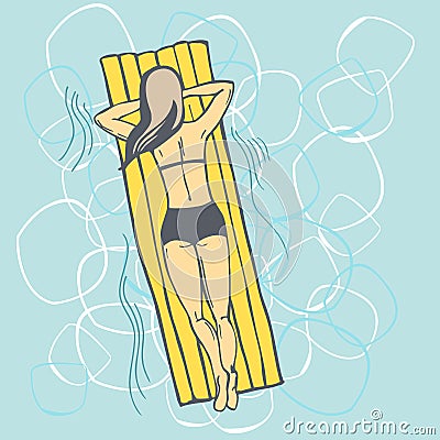 Woman swim on on the yellow air mattress in pool. Vector Illustration