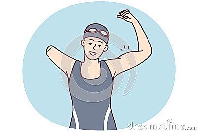 Woman swimmer with one arm showing strength by showing biceps as sign of victory. Vector image Vector Illustration