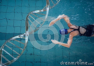 woman swimming with dna chain Stock Photo
