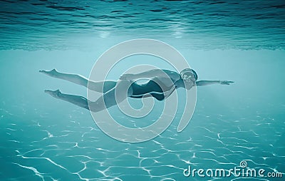 Woman swimming underwater in a sea. Cartoon Illustration