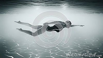 Woman swimming underwater in a sea Cartoon Illustration