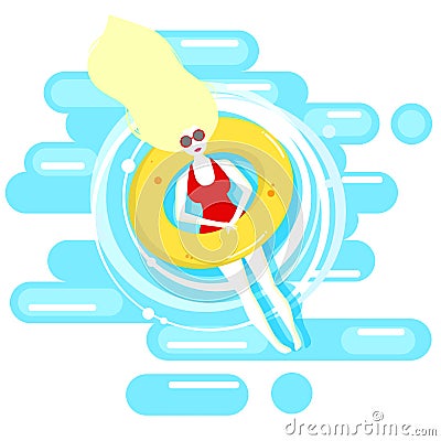 Woman in a swimsuit lying in the sun in a swimming pool in a lifebuoy and relaxing. Vector Illustration