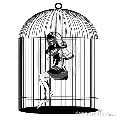 Woman on swing in birdcage Vector Illustration