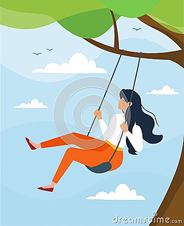 Woman swing on a swing. Personal space and time. Vector Illustration