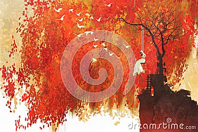 Woman on a swing under autumn tree Cartoon Illustration