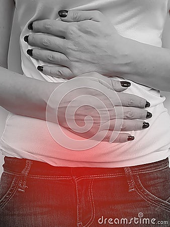 Woman symptom menstruation sickness suffering , stomach cycle cystitis inflammation Stock Photo