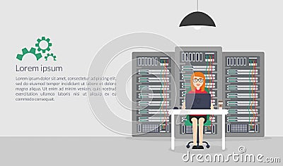 Woman System Administrator. Vector illustration in flat style. Technologies Server Maintenance Support Descriptions. Vector Illustration