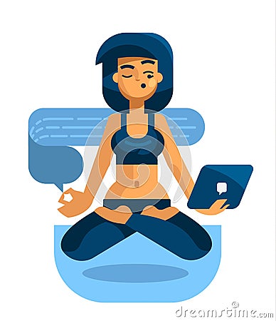 A woman with a tablet is engaged in yoga and reads messages Vector Illustration