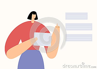 Woman with tablet making a choice in mobile application. Social networking, business presentation and internet interaction. Flat Cartoon Illustration