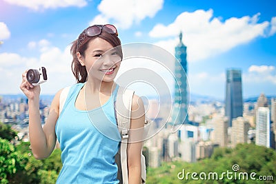 Woman take camera Stock Photo