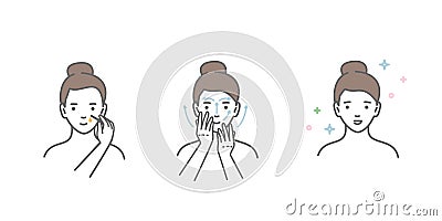 Woman take care about face. Steps how to apply facial serum. Vector Illustration