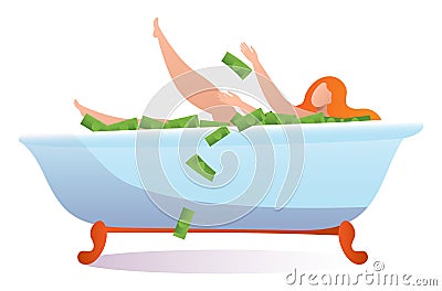 Woman take cash dollar money bath, female character wealthy person with finance bathroom cartoon vector illustration Cartoon Illustration