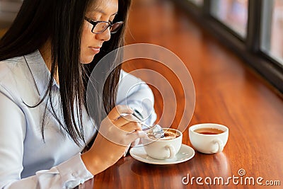 Woman Take Coffee After Work Stock Photo