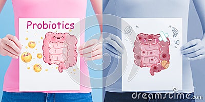 Woman take intestine billboard Stock Photo