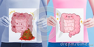 Woman take intestine billboard Stock Photo