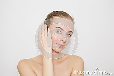 Woman takes away mask with acne and pimples Stock Photo
