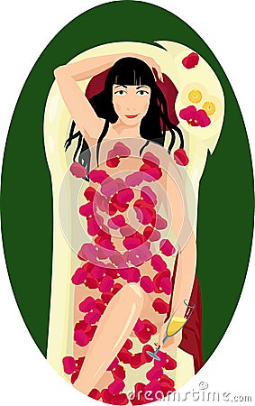 Woman takes a bath with rose petals and drinks cha Vector Illustration