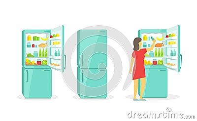 The woman takes in the fridge. Refrigerator. Products household appliances Vector Illustration