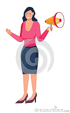 Woman takes megaphone in hands. Megaphone icon vector in flat trendy style. Stock Photo