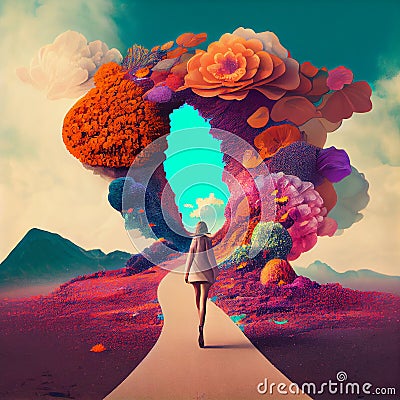 Woman takes a road through a gate of flowers, positive optimistic attitude, hope and emotion concept, generative AI Stock Photo
