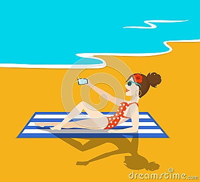 Woman takes selfie on the beach Vector Illustration