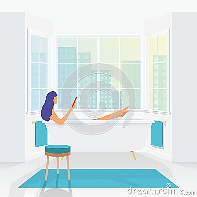 A woman is taking a bath during her leisure time. Vector Illustration