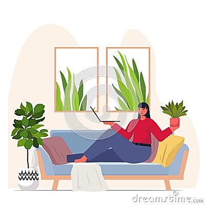 Woman taking care of houseplants housewife using laptop relaxing on sofa modern living room interior Vector Illustration