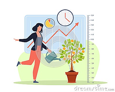 Woman taking care of money tree. Successful investor monitoring income. Time to investments. Person watering coin Vector Illustration