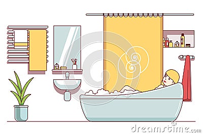 Woman taking hot bath in home bathroom Vector Illustration