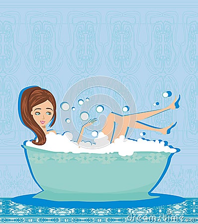 Woman taking hot bubble bath Vector Illustration