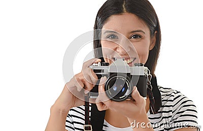 Woman taking pictures posing smiling happy using cool retro and vintage photo camera Stock Photo