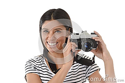 Woman taking pictures posing smiling happy using cool retro and vintage photo camera Stock Photo