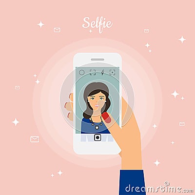 Woman Taking Selfie Photo on Smart Phone. Self portrait picture Vector Illustration