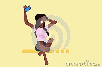 Woman taking selfie photo on smartphone camera casual african american female cartoon character sitting with closed eye Vector Illustration