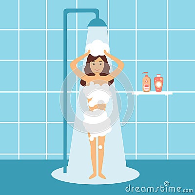 Woman taking shower and washing hair in bathroom concept vector illustration. Vector Illustration
