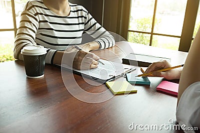 Woman talking with colleague about new startup project.Business people brainstorming concept Stock Photo