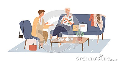 Woman talking with her girlfriend in cafe, sitting by coffee table with shopping bags. Meeting of female friends at home Vector Illustration