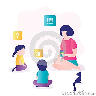 Woman talking with kids. Teacher communicate children. Education process. Relationship concept Vector Illustration