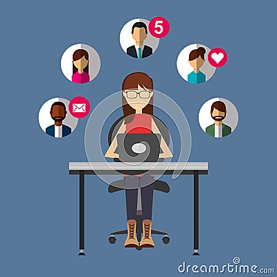 Woman talking with laptop in desk people social media Vector Illustration
