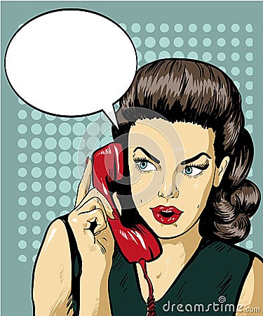 Woman talking by phone with speech bubble. Vector illustration in retro comic pop art style Vector Illustration