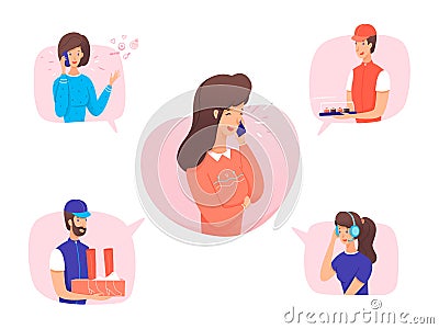 Woman talking with support service and friend Vector Illustration