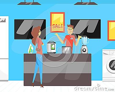 Woman Talking to Shop Assistant at Household Devices Department Store Vector Illustration Vector Illustration