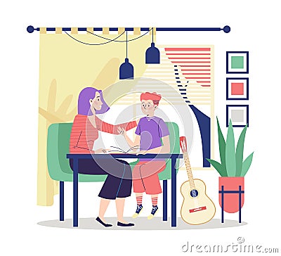 Woman talks and comforts teenager boy, flat vector illustration isolated. Vector Illustration