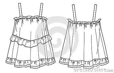 woman tank top with frills and shoulder straps technical drawing Vector Illustration