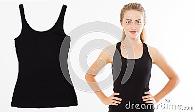 Woman in tank top mock up isolated on white background, Tank top close up. Young woman wearing black sleeveless t-shirt Stock Photo